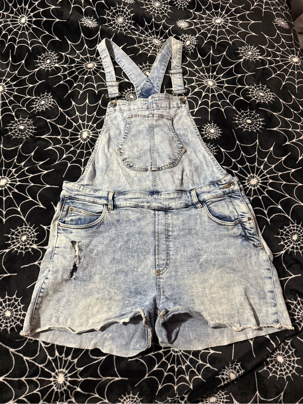 Light Wash Denim Short Overalls - Women